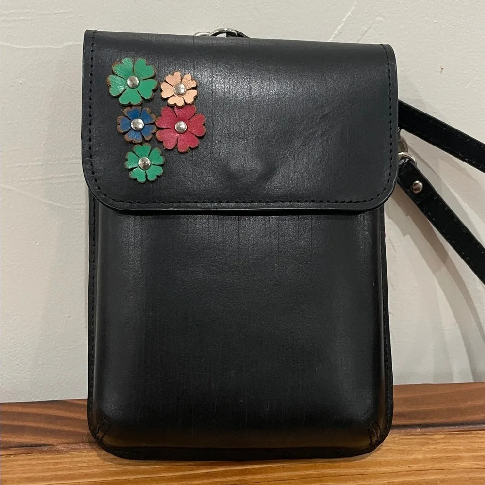 Most Wanted USA Black Leather Mini Crossbody With Colorful 3D Flowers